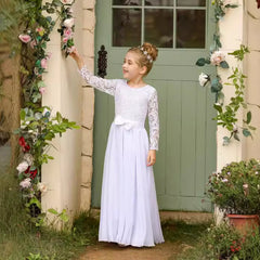 Cute Lace Flower Girl Dresses with Bow Long Sleeve Full Length Communion Dress
