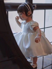 Cute Puff Sleeve Satin Princess Dress with Bow A Line Birthday Party Gowns