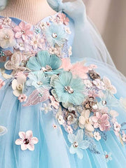 Blue Princess Dress Cute Flower Girls Dresses with Bow Tulle Gown Embroidery Butterfly Dress