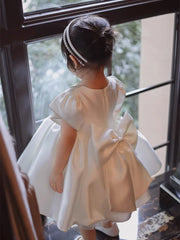 Cute Puff Sleeve Satin Princess Dress with Bow A Line Birthday Party Gowns