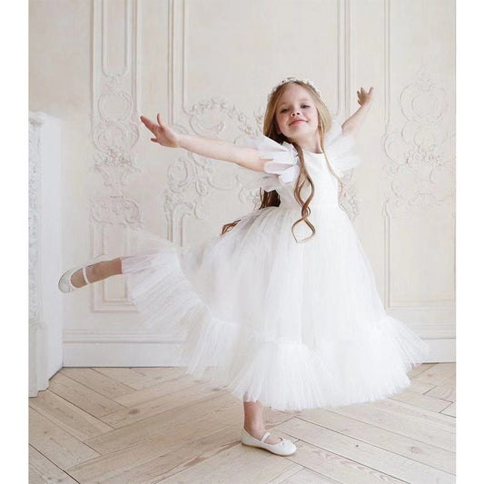 white flower girl dress cape sleeve princess gown stylish communion dresses