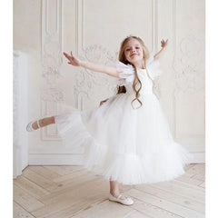 white flower girl dress cape sleeve princess gown stylish communion dresses