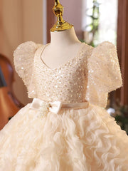 Puffy Sleeve Birthday Party Dress Sequnis A Line Princess Gown with Bow
