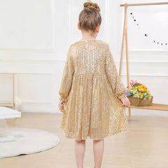 Sparkly Glitter Birthday Party Dress Kids Puffy Sleeve Round Neck Sequins Dress Cute Gown