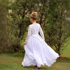 Cute Lace Flower Girl Dresses with Bow Long Sleeve Full Length Communion Dress