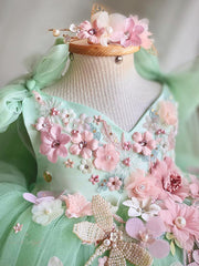 Fairy Princess Dress Cute Flower Girls Dresses with Bow Tulle Gown Embroidery Dress