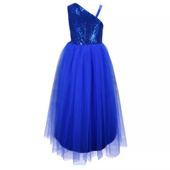 Cute One Shoulder Girls Sequnis Prom Party Dress Floor Length Tulle Gown Pageant Dresses
