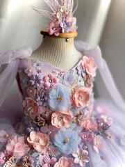 Purple Flower Girl Dress with Bow Cute Princess Dress Embroidery Tulle Gowns