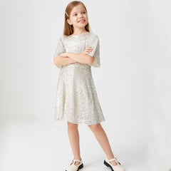 Sparkly Glitter Birthday Party Dress Kids Puffy Sleeve Round Neck Sequins Dress Cute Gown