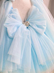 Blue Princess Dress Cute Flower Girls Dresses with Bow Tulle Gown Embroidery Butterfly Dress