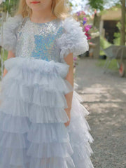 Cute Layer Birthday Party Dress Sequins Princess Gown Flower Girl Dresses Tea Length