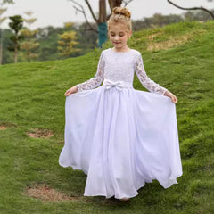 Cute Lace Flower Girl Dresses with Bow Long Sleeve Full Length Communion Dress