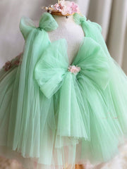 Fairy Princess Dress Cute Flower Girls Dresses with Bow Tulle Gown Embroidery Dress