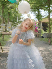 Cute Layer Birthday Party Dress Sequins Princess Gown Flower Girl Dresses Tea Length