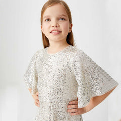 Sparkly Glitter Birthday Party Dress Kids Puffy Sleeve Round Neck Sequins Dress Cute Gown