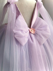 Purple Flower Girl Dress with Bow Cute Princess Dress Embroidery Tulle Gowns