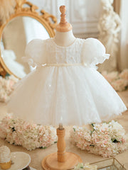 Girls Crew Neck Princess Dress with Bow Puff Sleeve A-Line Party Flower Girl Dress