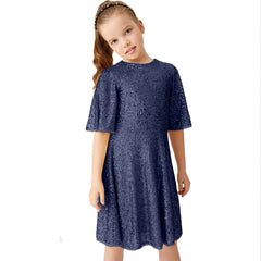 Sparkly Glitter Birthday Party Dress Kids Puffy Sleeve Round Neck Sequins Dress Cute Gown