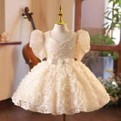 Puffy Sleeve Birthday Party Dress Sequnis A Line Princess Gown with Bow