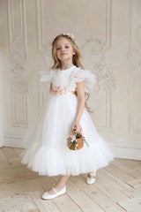 white flower girl dress cape sleeve princess gown stylish communion dresses
