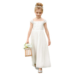 Lace A-Line Short Sleeve Girls Communion Party Dresses Flower Girl Dress Maxi Dresses