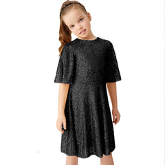 Sparkly Glitter Birthday Party Dress Kids Puffy Sleeve Round Neck Sequins Dress Cute Gown