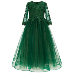 Long Sleeve Flower Girl Dresses Lace Communion Dress Princess Birthday Party Gown