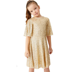 Sparkly Glitter Birthday Party Dress Kids Puffy Sleeve Round Neck Sequins Dress Cute Gown