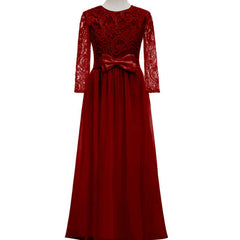 Cute Lace Flower Girl Dresses with Bow Long Sleeve Full Length Communion Dress