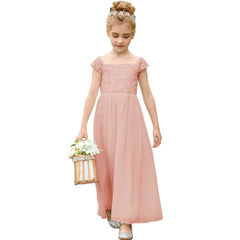 Lace A-Line Short Sleeve Girls Communion Party Dresses Flower Girl Dress Maxi Dresses