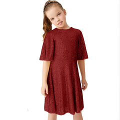 Sparkly Glitter Birthday Party Dress Kids Puffy Sleeve Round Neck Sequins Dress Cute Gown