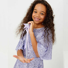 Sparkly Glitter Birthday Party Dress Kids Puffy Sleeve Round Neck Sequins Dress Cute Gown