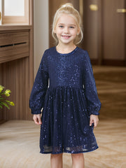 Sparkly Glitter Birthday Party Dress Kids Puffy Sleeve Round Neck Sequins Dress Cute Gown