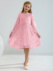 Sparkly Glitter Birthday Party Dress Kids Puffy Sleeve Round Neck Sequins Dress Cute Gown