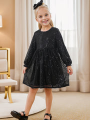 Sparkly Glitter Birthday Party Dress Kids Puffy Sleeve Round Neck Sequins Dress Cute Gown