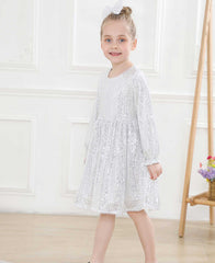 Sparkly Glitter Birthday Party Dress Kids Puffy Sleeve Round Neck Sequins Dress Cute Gown