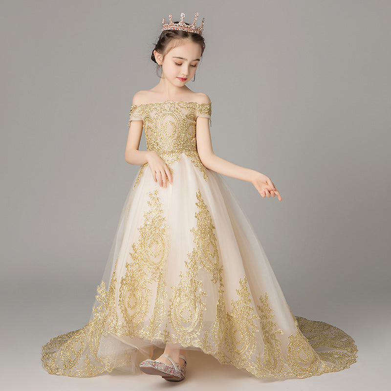 Off Shoulder Girl Wedding Dress Golden Sequin Lace Kids Party Trailing  Gowns Kids Baptism Pageant Gown Flower Girl Dresses - style 1 / 100cm / gold