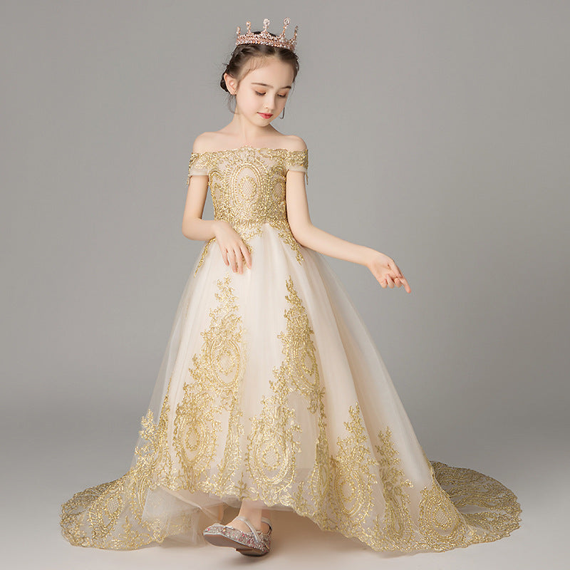 Off Shoulder Girl Wedding Dress Golden Sequin Lace Kids Party Trailing Gowns Kids Baptism Pageant Gown Flower Girl Dresses, Gold / Style 1 / 150cm