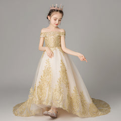 Off Shoulder Girl Wedding Dress Golden Sequin Lace Kids Party  Trailing Gowns Kids Baptism Pageant Gown Flower Girl Dresses