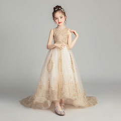 Off Shoulder Girl Wedding Dress Golden Sequin Lace Kids Party  Trailing Gowns Kids Baptism Pageant Gown Flower Girl Dresses