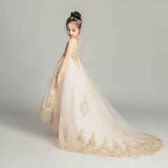 Off Shoulder Girl Wedding Dress Golden Sequin Lace Kids Party  Trailing Gowns Kids Baptism Pageant Gown Flower Girl Dresses
