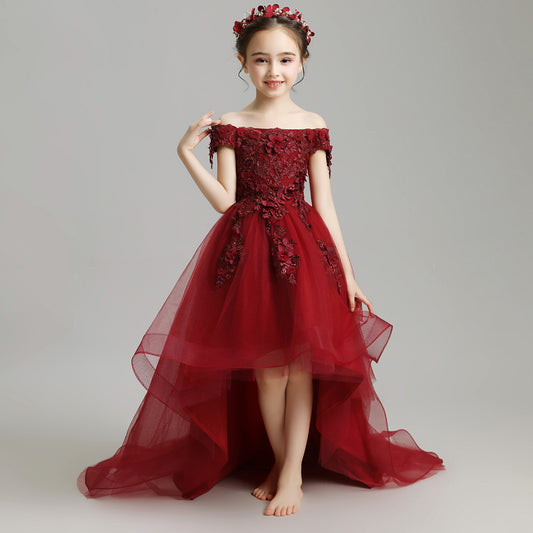 Little Kids Burgundy Trailing Mesh Dresses Lace Flower Girl Communion Dress Bandage Asymmetrical Prom Gown