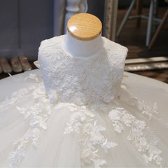 Classic Round Necked Flower Girl Dresses Kids' Sleeves Tulle Gown with Bow Communion Dress