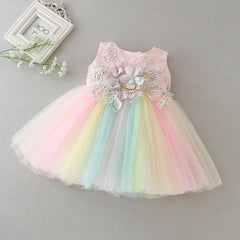 Baby Girls' Colorful Flower Girl Dresses with 3D Embroidery Tulle Princess Dress Short Skirt