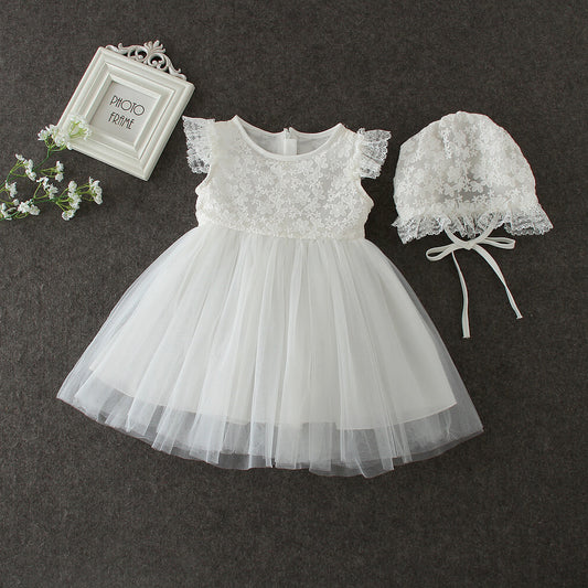 Cute Christening Dress with Bonnet Soft Tulle Gown Embroidery Sheer Bodice