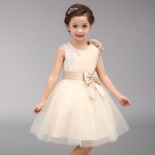 Champagne Flower Girl Dresses with Bows Baby Girls Short Skirt Tulle Gown Empire Waist