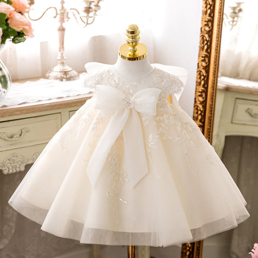 High Waist Sleeves Flower Girl Dresses Baby Girls Embroidery Sheer with Bows Princess Dress