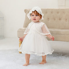 Cute 3PCS A Line Baptism Dresses with Bonnet Babe Christening Gown