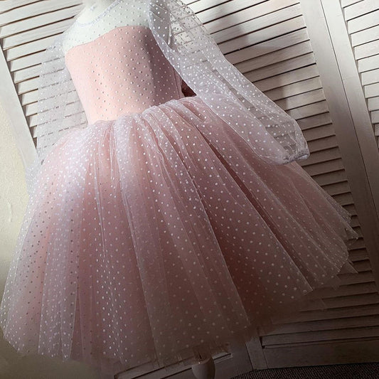 Girls Cute Dress Polka Dots Soft Tulle Princess Dresses Kids Puffy Gown with Bow