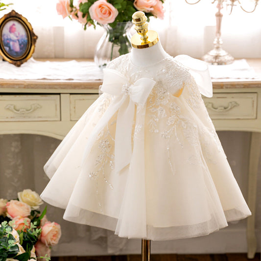 High Waist Sleeves Flower Girl Dresses Baby Girls Embroidery Sheer with Bows Princess Dress